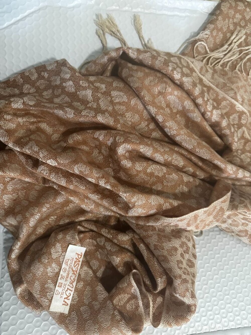 Pashmina Cognac and Cream Paisley Jamawar Wrap Shawl, 70% Pashmina 30% Silk